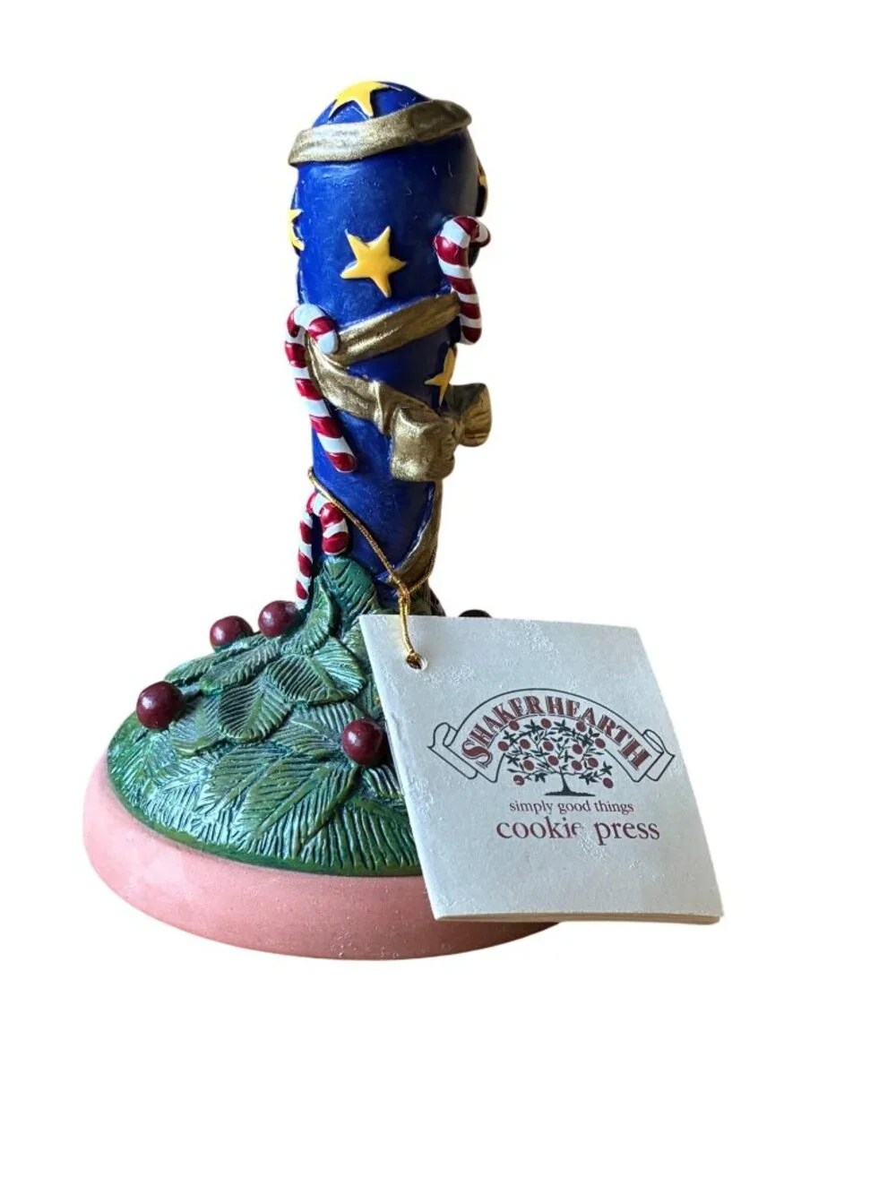 VINTAGE Shaker Hearth Cookie‎ Press Blue Gold Stars Candy Cane Terracotta Handle